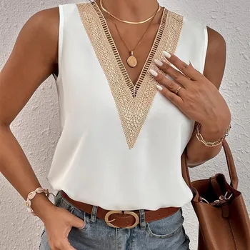 Deslumbre com Elegância: Top Decote V Sem Costas com Babados e Laço de Cetim 11 Fashion V-neck Lace Patchwork Women Tops And Blouses 2023 Summer White Casual Sleeveless Tank Top Femme Blouse Shirt