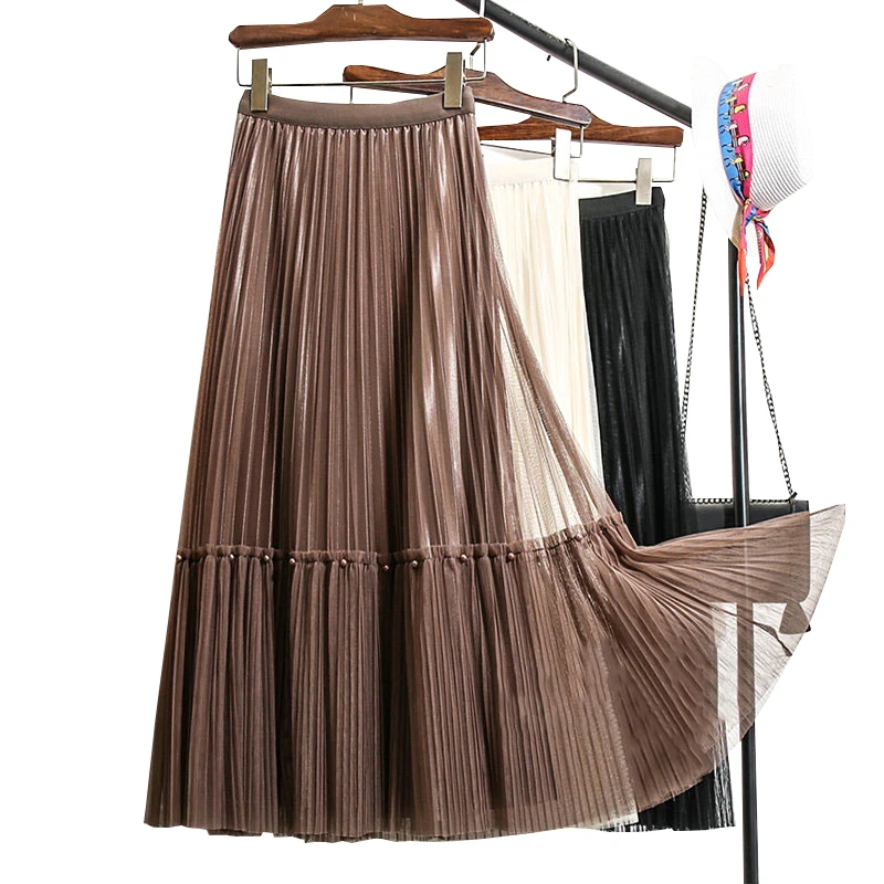 

2022 Spring Midi Long Pleated Mesh Skirt Women Korean Style Mid-Length High Waist A Line Splicing Voile Skirt Female Slim Skirt