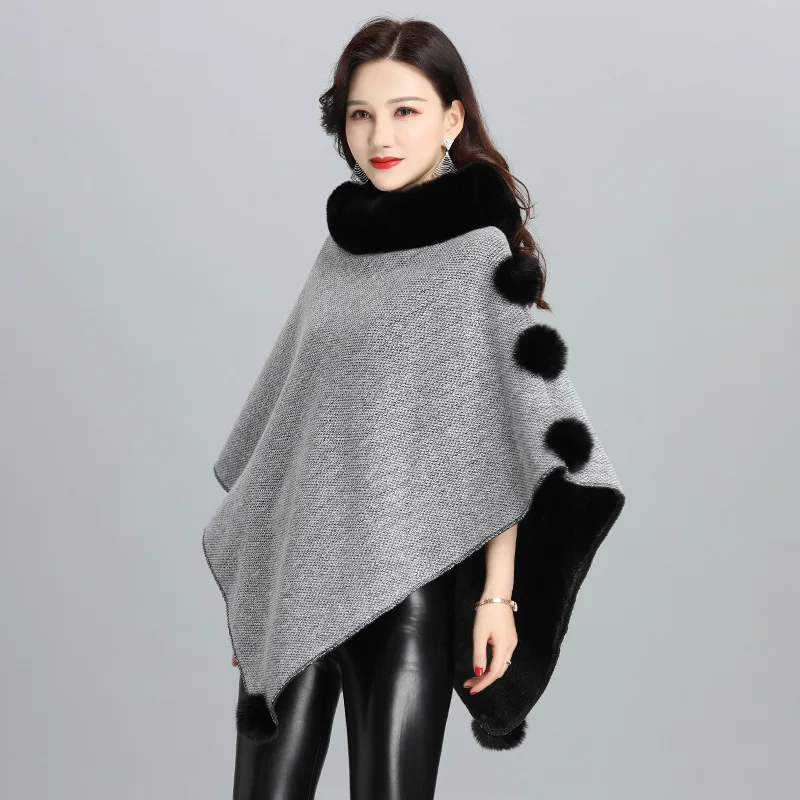 

6 Colors Women Faux Rabbit Fur Pompon Triangle Pullover Streetwear Shawl Coat Winter Thick Loose Poncho Capes O Neck Ball Cloak