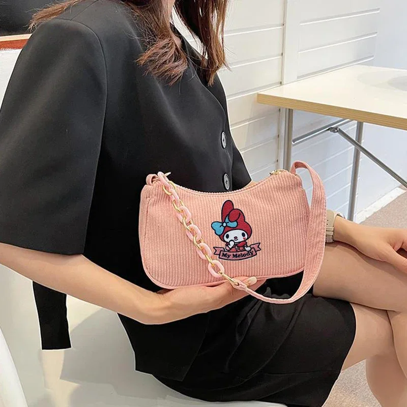 

Sanrios Kuromi Mymelody Cinnamoroll kawaii Anime Corduroy Fashion Shoulder Messenger Bag Retro Underarm Bag Cartoon Handbag