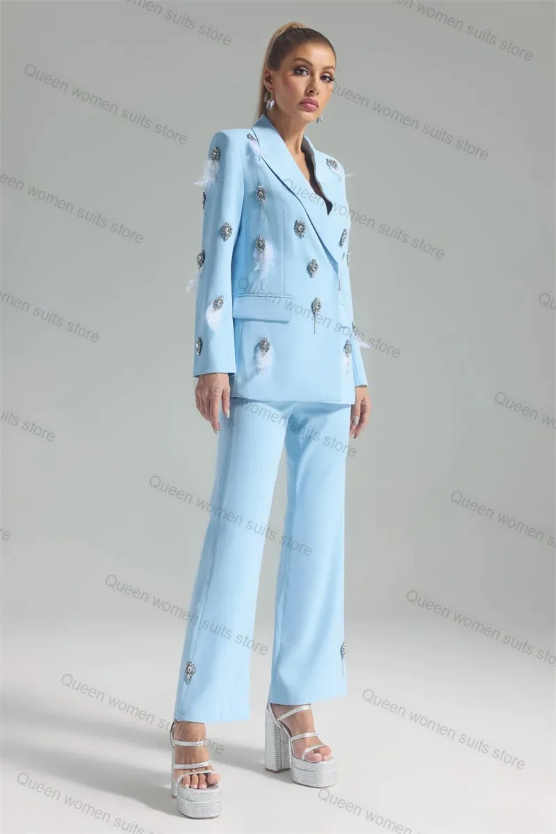 

Sky Blue Women Suit Pants Set 2 Piece Blazer+Trouser Crystals Feather Wedding Tuxedo Formal Office Lady Jacket Tailored Coat