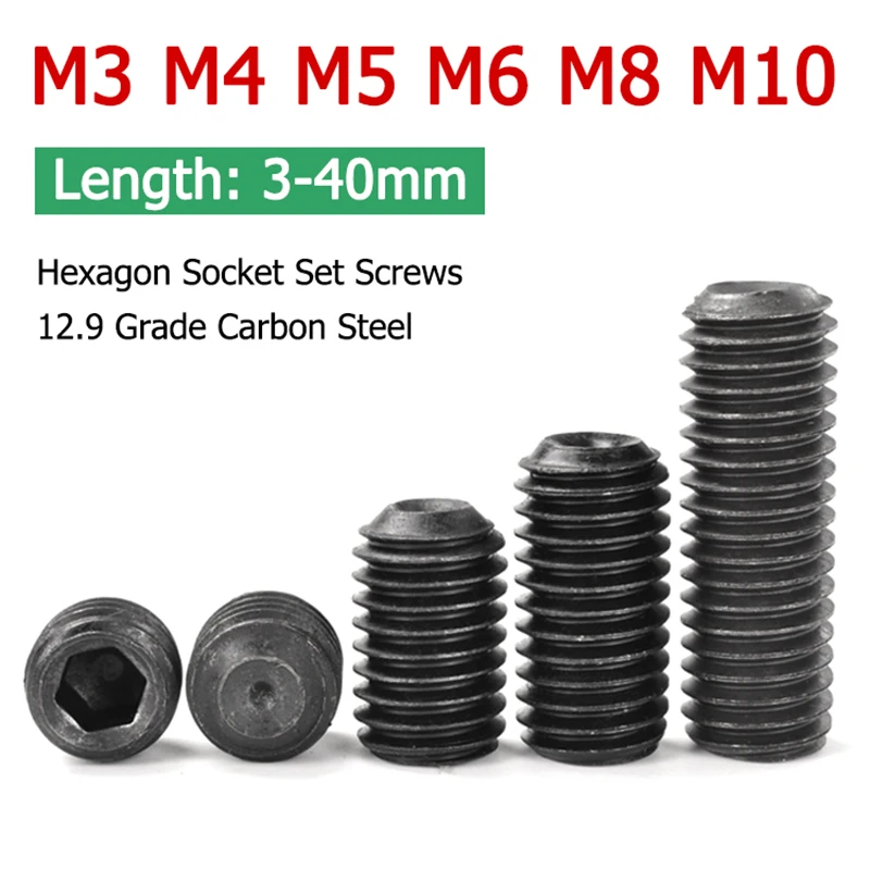 

10-100pcs M3 M4 M5 M6 M8 M10 Black Hex Hexagon Socket Screws Grade 12.9 Carbon Steel Allen Cup Point Grub Screw Set Bolt DIN916