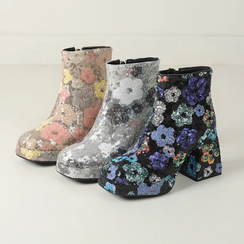 French Women's Sequin Floral Boots Ankle Bling Platform Shoes 2024 Autumn Winter Block High Heels Square Toe Footwear
French Women's Sequin Floral Boots Ankle Bling Platform Shoes 2024 Autumn Winter Block High Heels Square Toe Footwear