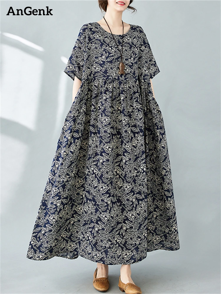 

Женское винтажное Хлопковое платье с принтом, повседневное Свободное длинное платье с коротким рукавом, элегантная одежда, весна-лето 2024