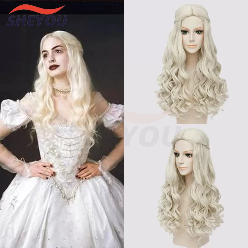 

White Queen Cosplay Wig Movie Alice in Wonderland Wavy Blonde Long Braid Heat Resistant Synthetic Hair Halloween Wigs + Wig Cap