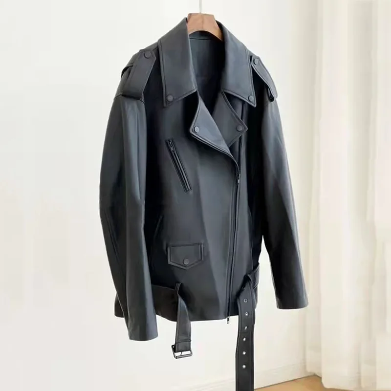 

New fashion coat spring women 2024 soft real sheepskin overcoat Belt locomotive model style genuine leather jacket oversized