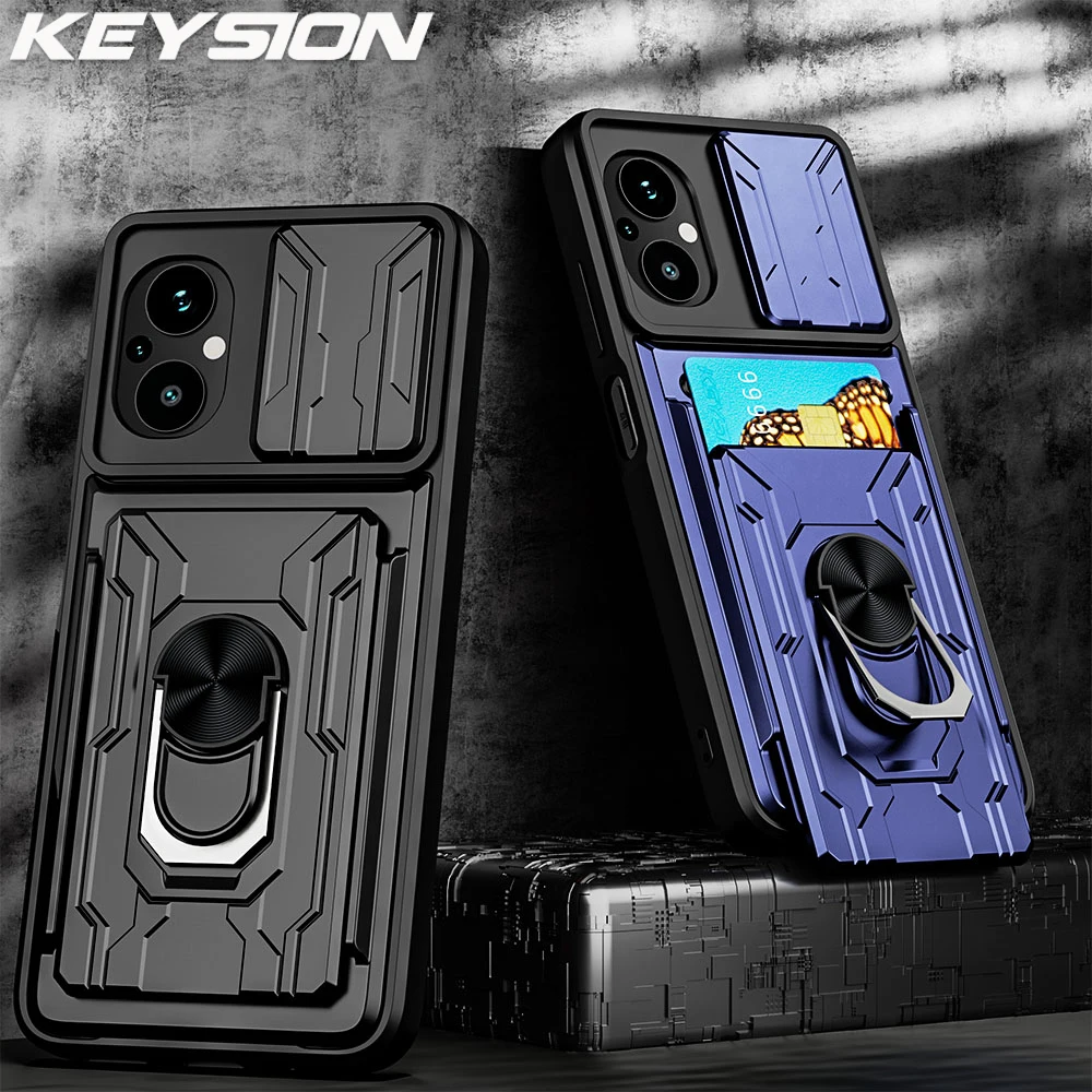 

KEYSION Shockproof Case for Xiaomi POCO M5 M4 5G M5S Card Bag Slide Camera Lens Protection Ring Phone Cover for Redmi 11 Prime