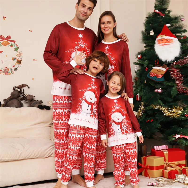 

2023 рождественские Семейные одинаковые пижамные комплекты, снеговик, Папа, мама и я, Рождественская одежда, одежда для сна для отца, матери, детей, топы и штаны