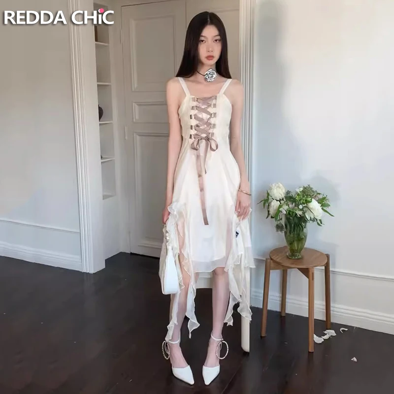 

REDDACHiC Ribbon Ruffled Chiffon Mini Dress Women Balletcore Tank Dress Asymmetric Retro Y2k Desire One-piece Summer Clothes