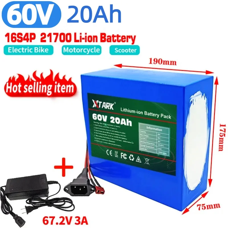 60V 16S4P 21700 Lithium Battery Pack 1000W-3000W 20A BMS T XT60 Plug for Electric bicycle Motorcycle scooter ebike battery
60V 16S4P 21700 Lithium Battery Pack 1000W-3000W 20A BMS T XT60 Plug for Electric bicycle Motorcycle scooter ebike battery