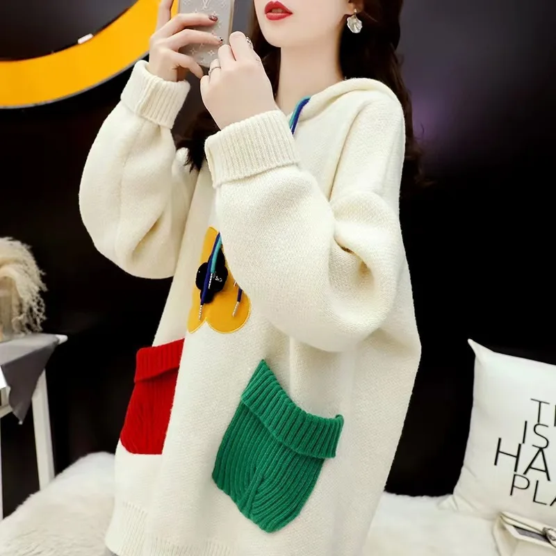 

Y2k Crochet Kintted Sweater Women Hooded Long Korean Loose Top E-girl Pullovers Spring Autumn Winter Jumper Sueter Streetwear