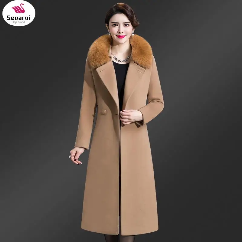 

SEPARQI Women Winter Wool Blends Coat Jacket 2024 New Female Girl Long Real Fox Fur Coats Parka Trench