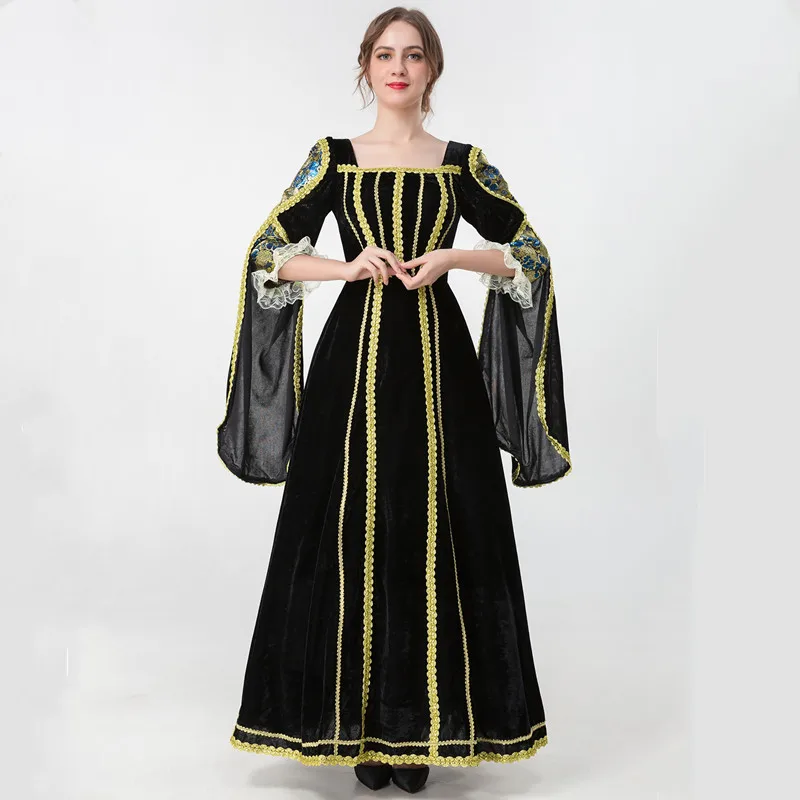 

Renaissance Vintage Palace Victoria Medieval Costume Women Halloween Cosplay Princess Velvet Flare Sleeve Party Long Robe Dress