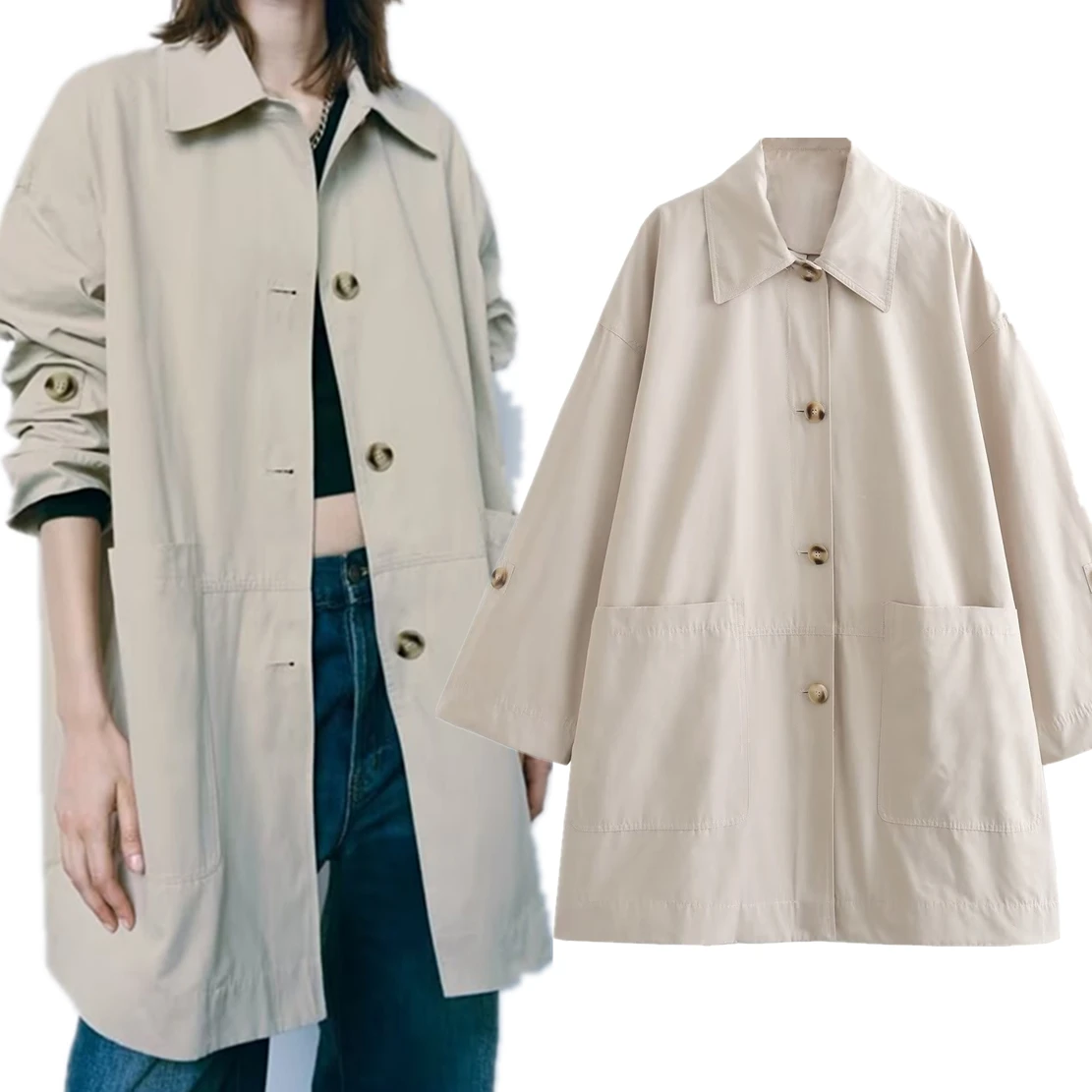 

Dave&Di 2023 Autumn British Fashion Boyfriend Style Single-breasted Windbreaker Coat Khaki Loose Women's Jacket Ladies