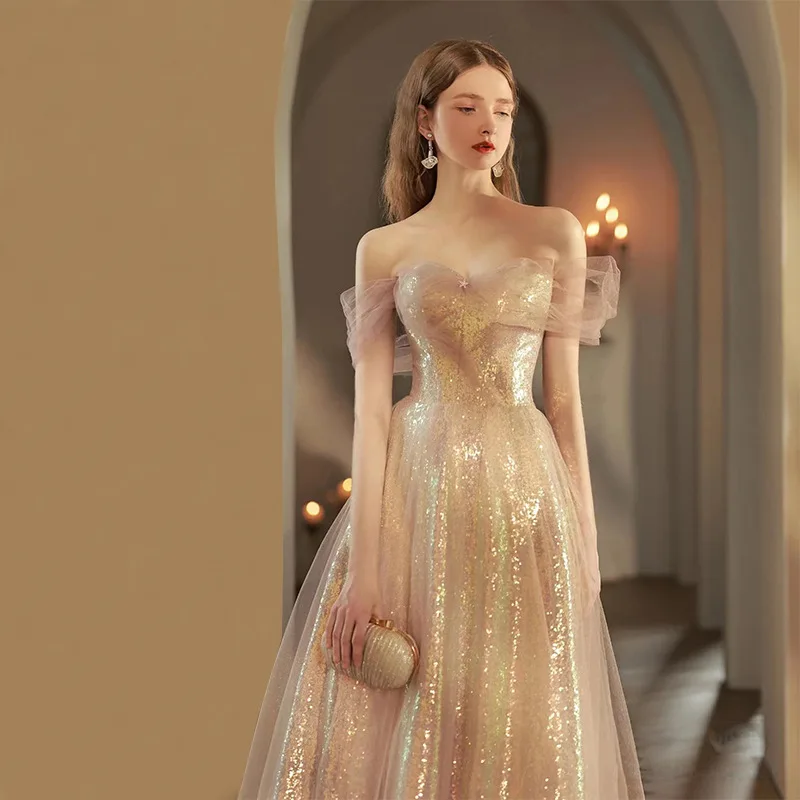 Women Summer Lace Prom Dress Strapless Shiny Blingbling Floor-length Evening Dresses Sequin Off Shoulder Slim Tulle Ball Gown
Women Summer Lace Prom Dress Strapless Shiny Blingbling Floor-length Evening Dresses Sequin Off Shoulder Slim Tulle Ball Gown