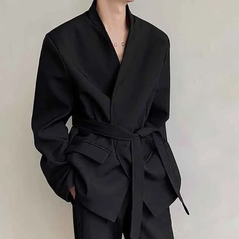 

Solid Color Men Suit Jackets New Trendy Belt Large Pockets Baggy Male Blazers Men 's Clothing Spring Fashion 2024 9C4466