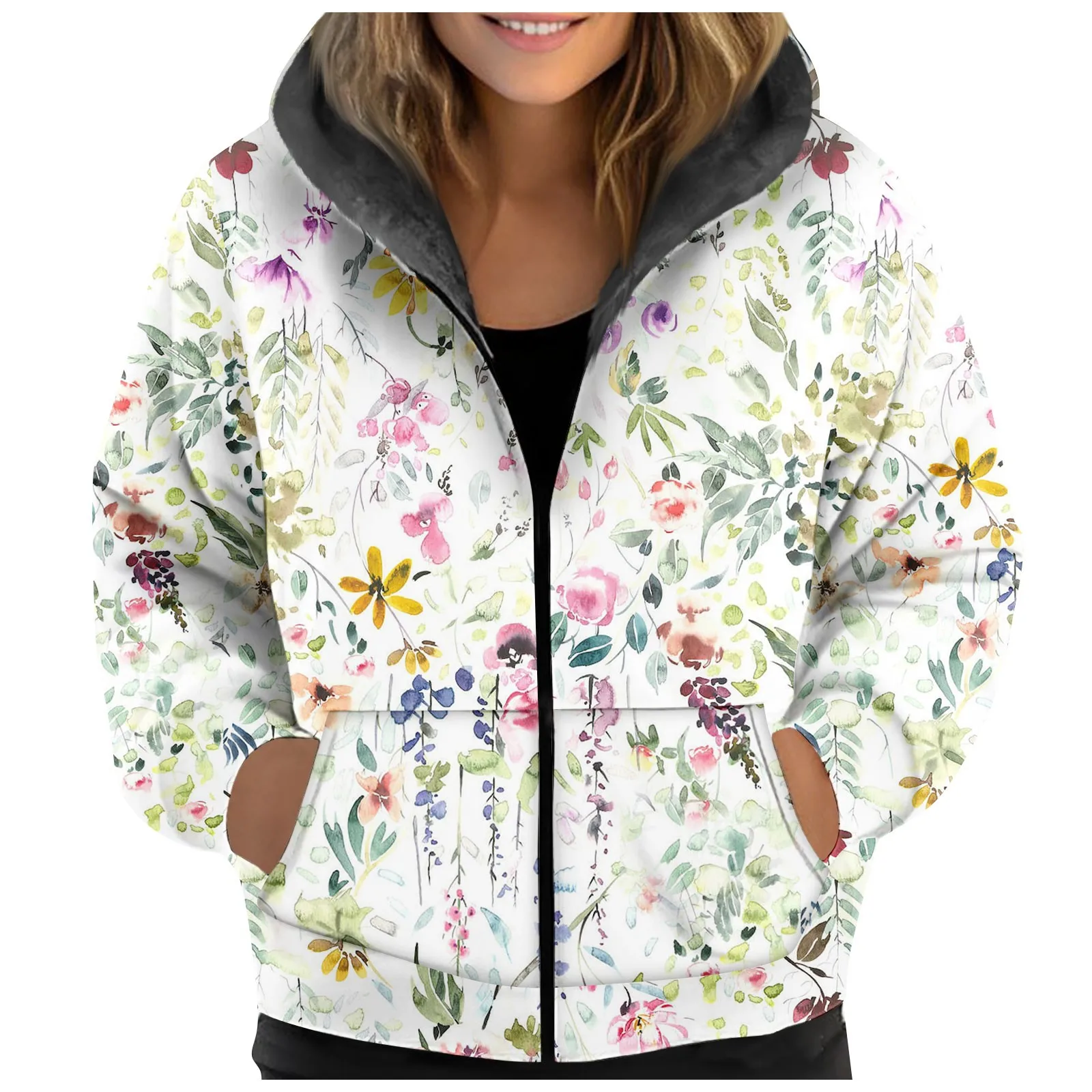 

Зимние флисовые куртки, Женская куртка на молнии с капюшоном, теплое худи, толстовка, теплая верхняя одежда, женские пальто с цветочным принтом 2023