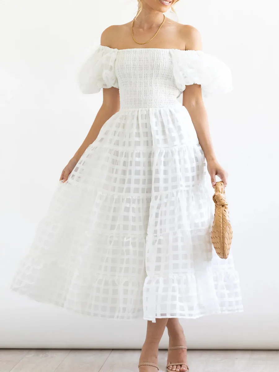 Women Elegant Prom Party Dress Short Puff Sleeve Off Shoulder Solid Plaid A-line Midi Dresses for Coctail Summer 2023 Streetwear
Women Elegant Prom Party Dress Short Puff Sleeve Off Shoulder Solid Plaid A-line Midi Dresses for Coctail Summer 2023 Streetwear