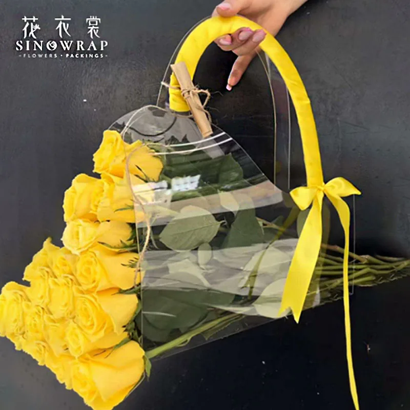 

SINOWRAP 5Pcs Transparent Flower Bag with Handle Fresh Flower Bouquet Box for Rose Flowers Wrapping Valentine's Day Gift Box