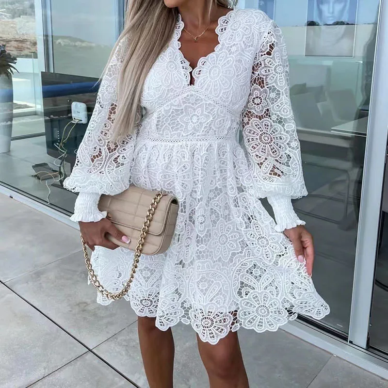 Women Office Hollow Waisted A-line Dress Elegant Lady Lantern Long Sleeve Jacquard Dresses Sexy Deep V-neck Lace Party Dress
Women Office Hollow Waisted A-line Dress Elegant Lady Lantern Long Sleeve Jacquard Dresses Sexy Deep V-neck Lace Party Dress