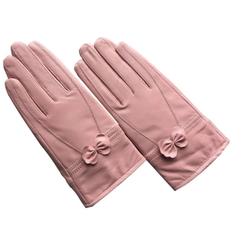 

Women's Velvet Thick Gloves 100% Sheepskin Warm Leather Mittens Lady Metal Bow Glove Autumn Winter Hot Sale