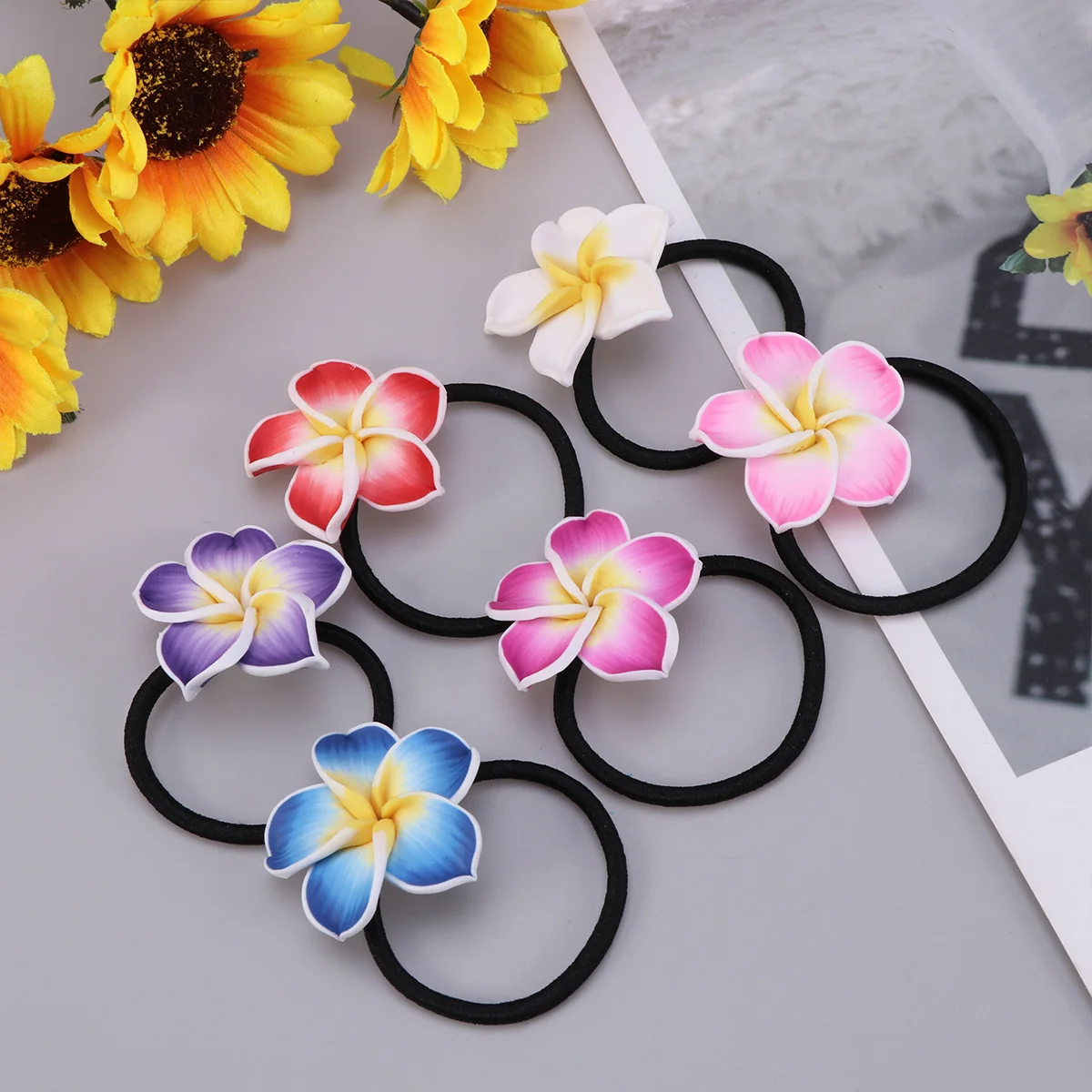 

Plumeria Hair Ties Hawaiian Elastic Hair Ring Luau Beach Ponytail Holder Flower Hair Bands Tropical Stretchy Hair Rope Teen