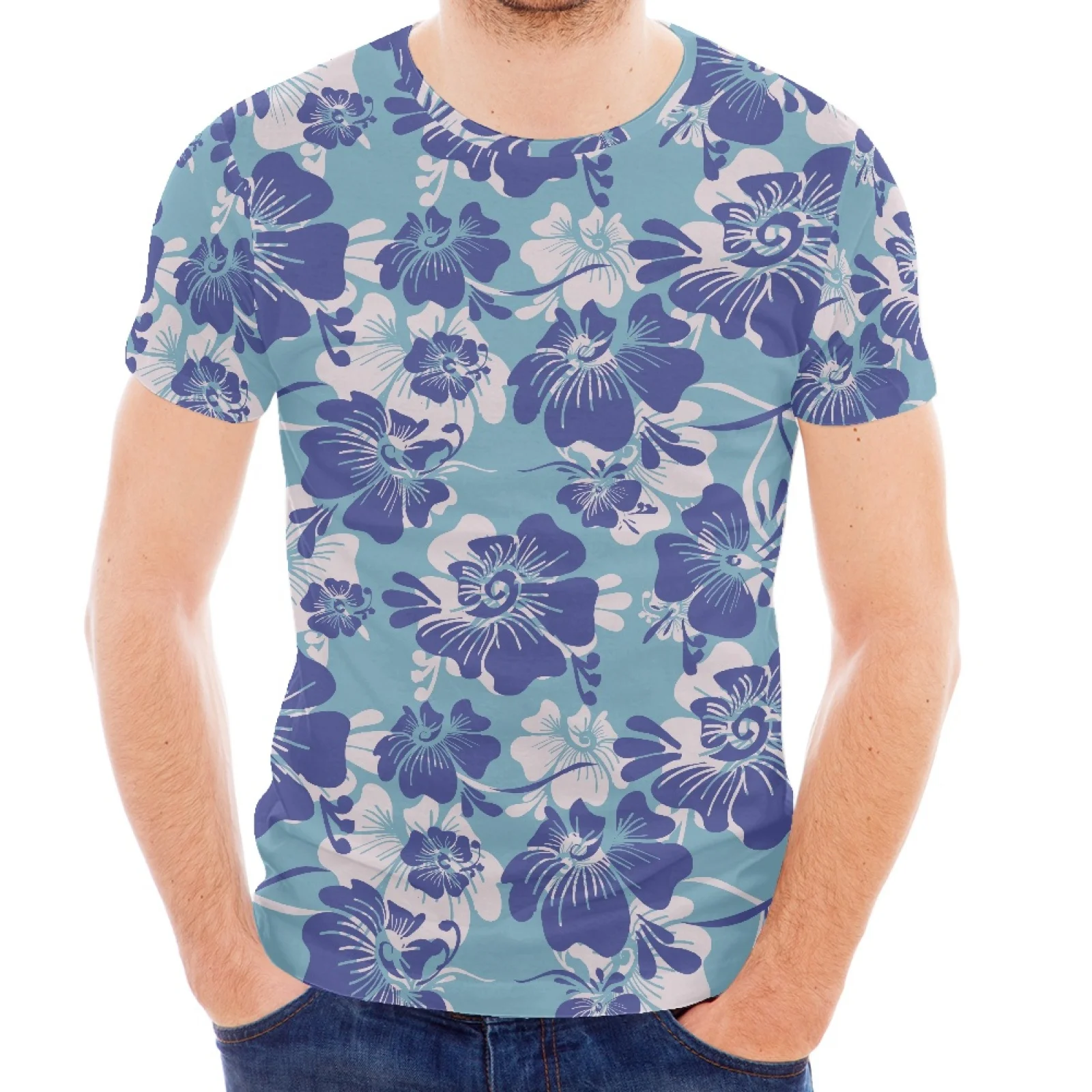 

New Hibiscus Floral Polynesian Tattoo Print Design Hawaiian Round Neck Short Sleeve Slim T-Shirt Men's Spring/Summer