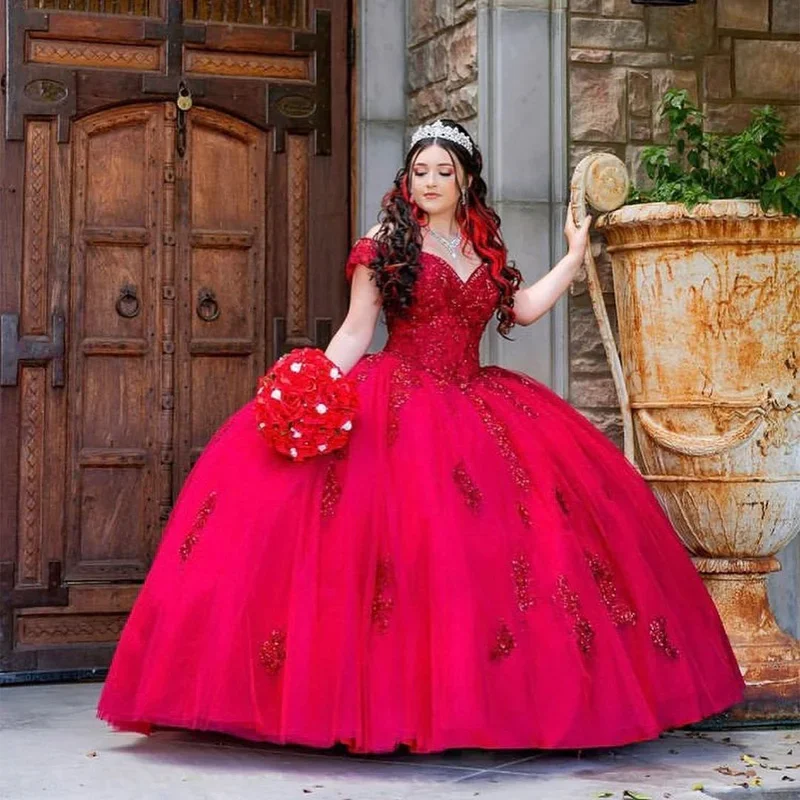 

Блестящее милое Красное Кружевное Платье для Quinceanera, бальное платье с жемчугом, платья для 15, Vestido De Xv лет, бальное платье с блестками для дня рождения и выпускного вечера