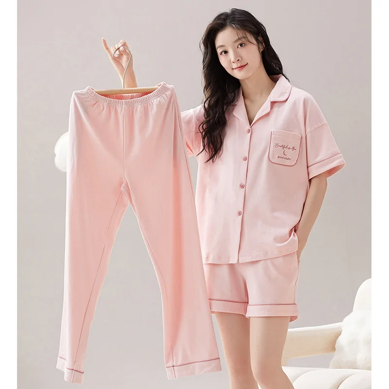 

Новинка 2024, пижама, Женский весенне-летний комплект из трех предметов, хлопковый тонкий кардиган с коротким рукавом, Корейская свободная одежда для отдыха, женская пижама