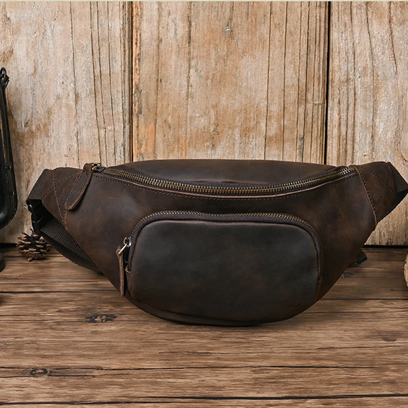 

Genuine Leather Men Waist Pack Fanny Belt Bag Purse Travel Retro Crazy Horse Cowhide Male Sling Cross body Chest Hip Bum Bags