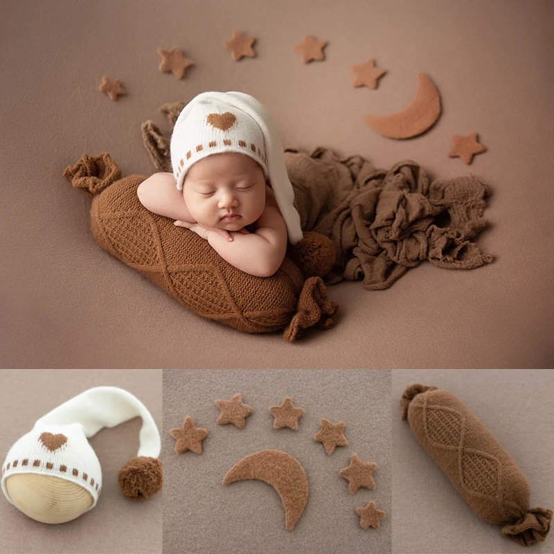 

Newborn Photography Props Stretchable Baby Wraps Handmade Wool Felt Star Moon Knitted Candy Pillow Studio Fotografia Accessories