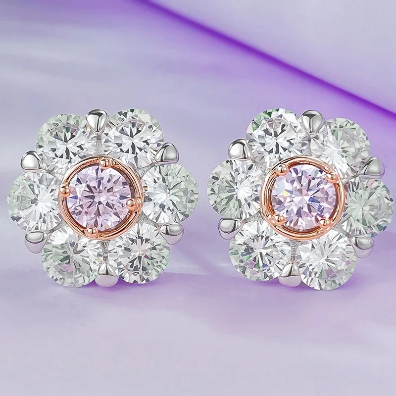 

European and American New Imported High Carbon Diamond 6mm Round Pink Diamond Earrings with Luxurious Inlay Full of Diamonds