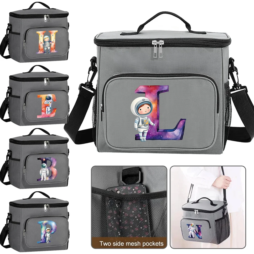 

Unisex Astronaut Letter Print Series Pattern Diagonal Shoulder Insulated Lunch Bag Large Capacity Portable Food Storage Handbag