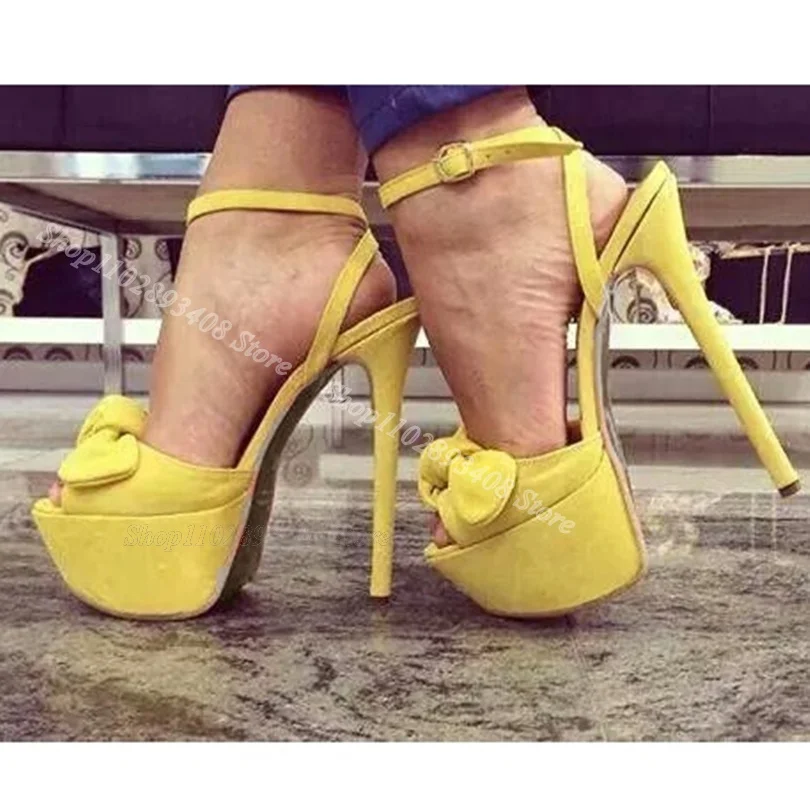 

Yellow Flock Bowknot Decor Sandals Peep Platform Toe Stiletto Heels Ankle Buckle British Style Party Shoes Zapatos Para Mujere