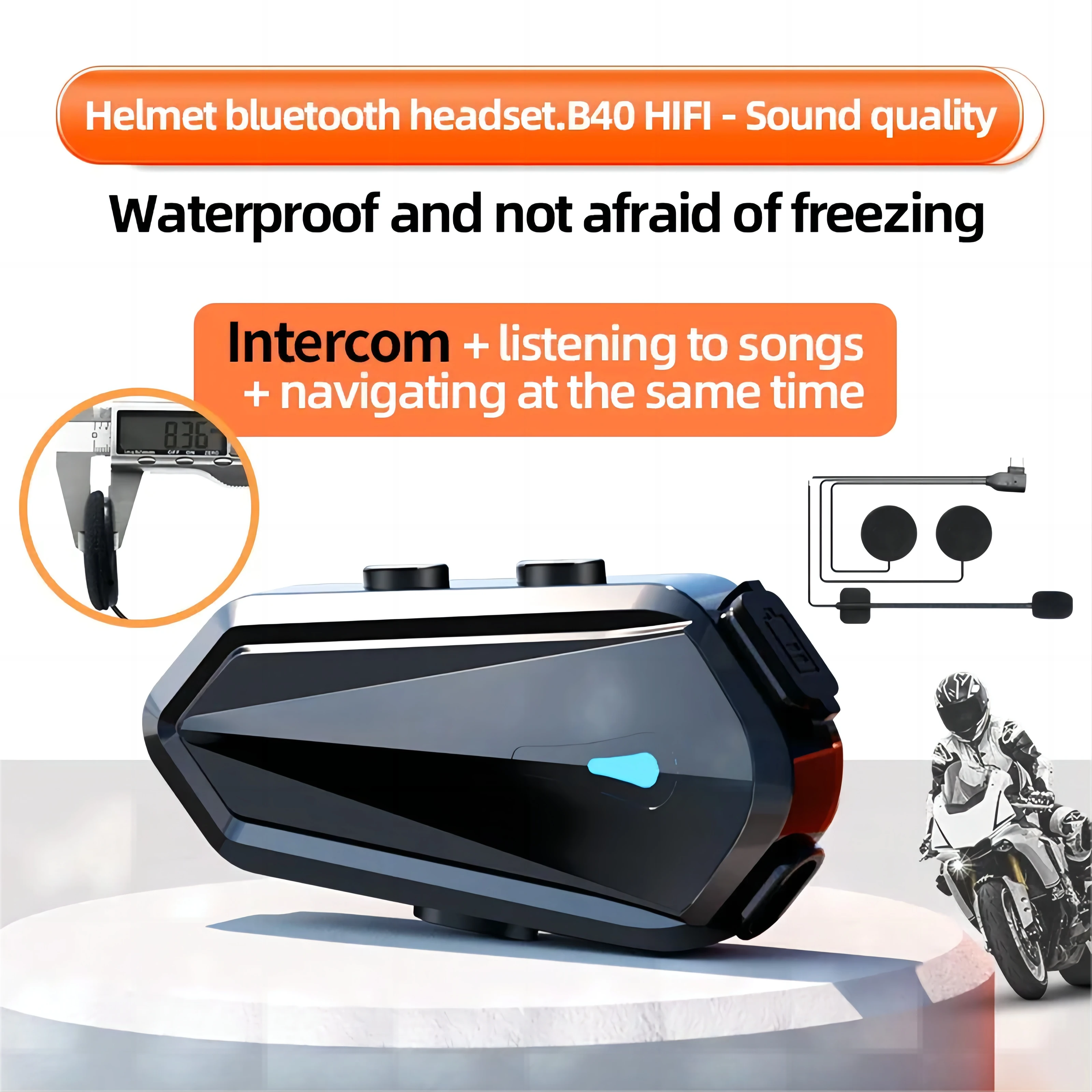 

Motorcycle Helmet Bluetooth Headset Intercom Waterproof Wireless Hands free Earphone Speakers Music Voice Assistant 1600mAh