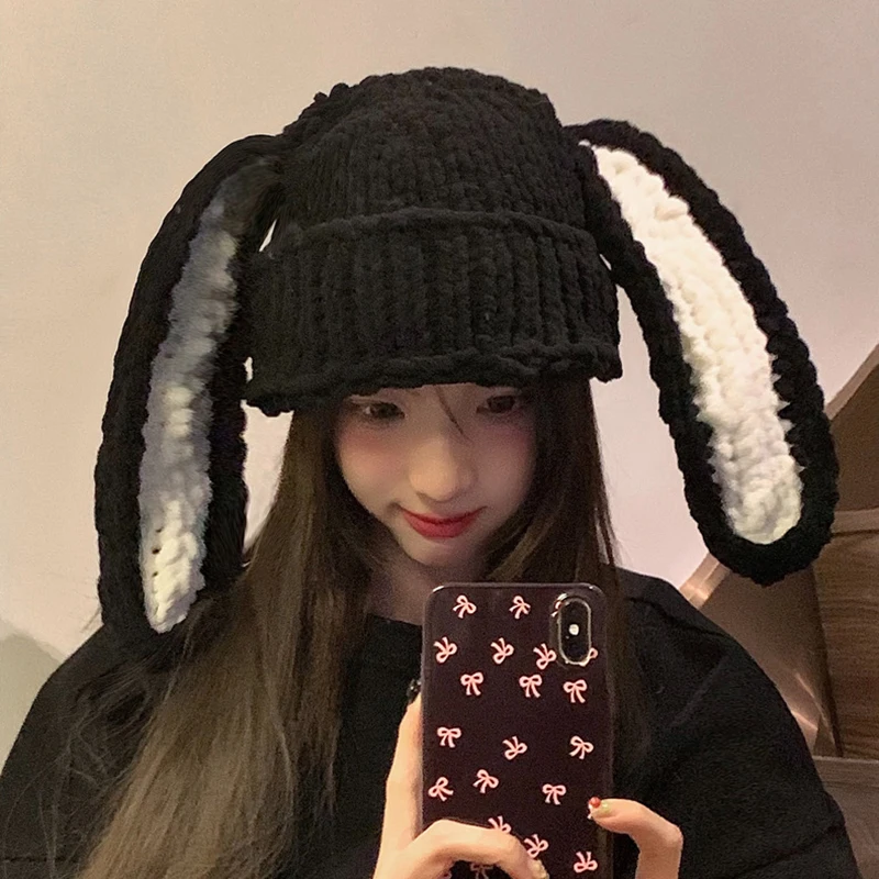 

Women Knitted Beanie Hat Cute Rabbit Bunny Ears Crochet Hats Winter Cap Warm Skull Cap Outdoor Ski Slouchy