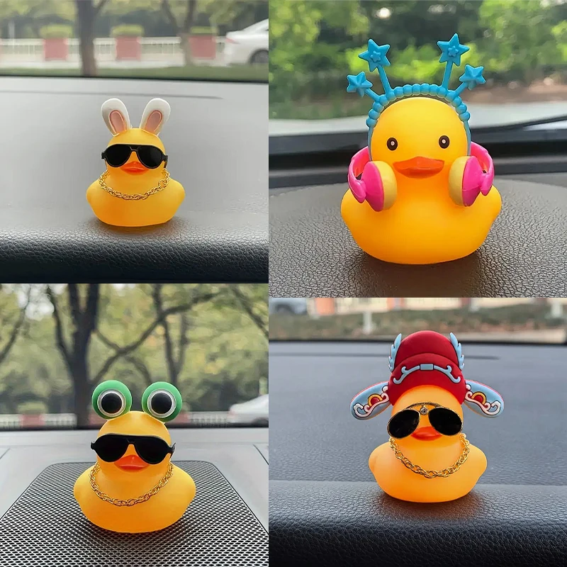 

Rubber Cute Duck Toy Car Ornaments Yellow Duck Car Dashboard Decorations Cool Glasses Duck Sun Cowboy Hat Necklace for Auto Offi