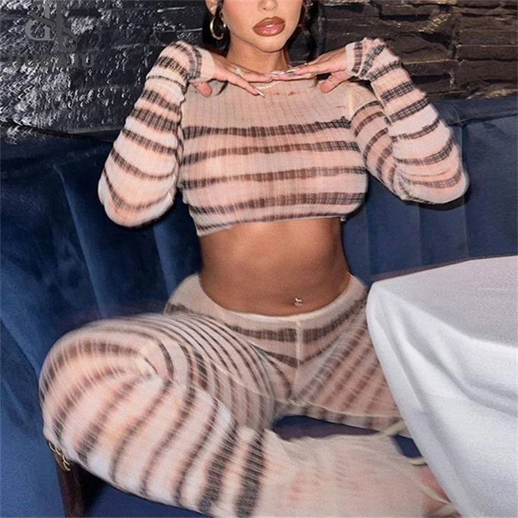 

Striped Print 2 Piece Set Women Hipster Mesh See Through Long Sleeve Crop Tops Matching Flare Pants Female Attractive Suit
