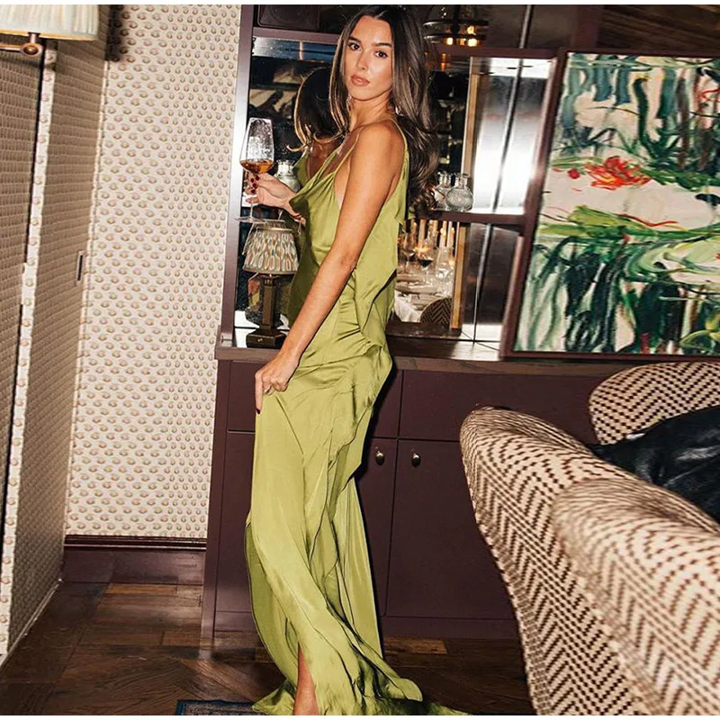 Elegant Green Satin Ruffle Dress Women Backless Spaghetti Strap Maxi with Side Split OUT1038 Elegant Green Satin Ruffle Dress Women Backless Spaghetti Strap Maxi with Side Split OUT1038