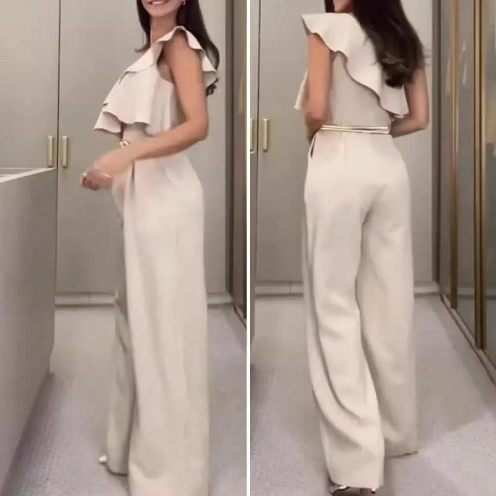 

Women Jumpsuit Elegant One Shoulder Ruffle Jumpsuit for Women Stylish Wide Leg Solid Color Ol Commute Style Outfit Slim Fit High