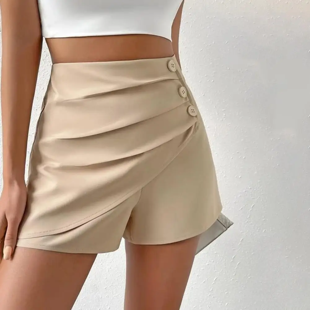 

Women Shorts Stylish High Waist Pleated Button Shorts for Women Slim Fit Tummy Control Mini Shorts Asymmetric Design Above Knee