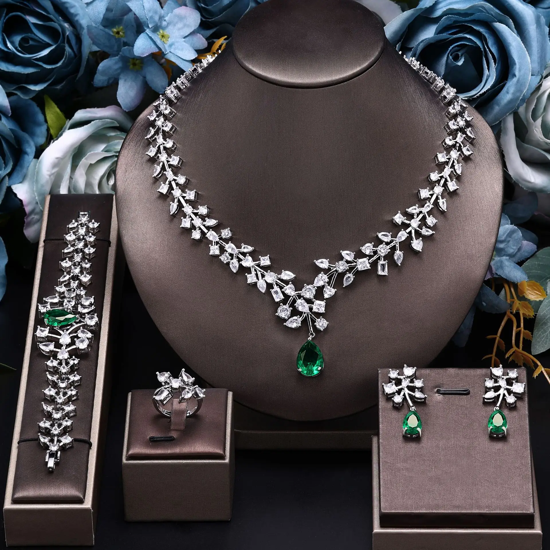 

18K Gold Plated Jewelry Set for Women Dubai water drop zircon Earrings+ Necklace +bracelet+ring 4pcs Wedding Jewelry Accessories