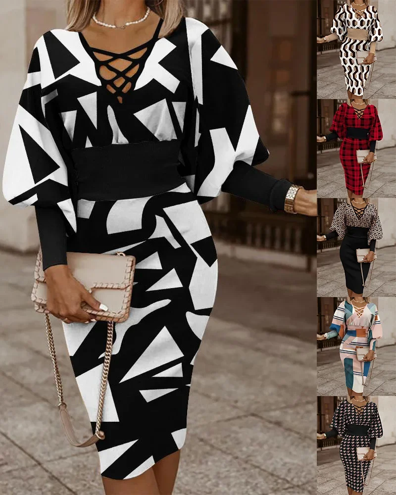 Women Print V Neck Midi Dress Tighten Waist Full Flare Sleeved Splice Dresses A Line Elegant Ladies Autumn Regular Fit
Women Print V Neck Midi Dress Tighten Waist Full Flare Sleeved Splice Dresses A Line Elegant Ladies Autumn Regular Fit