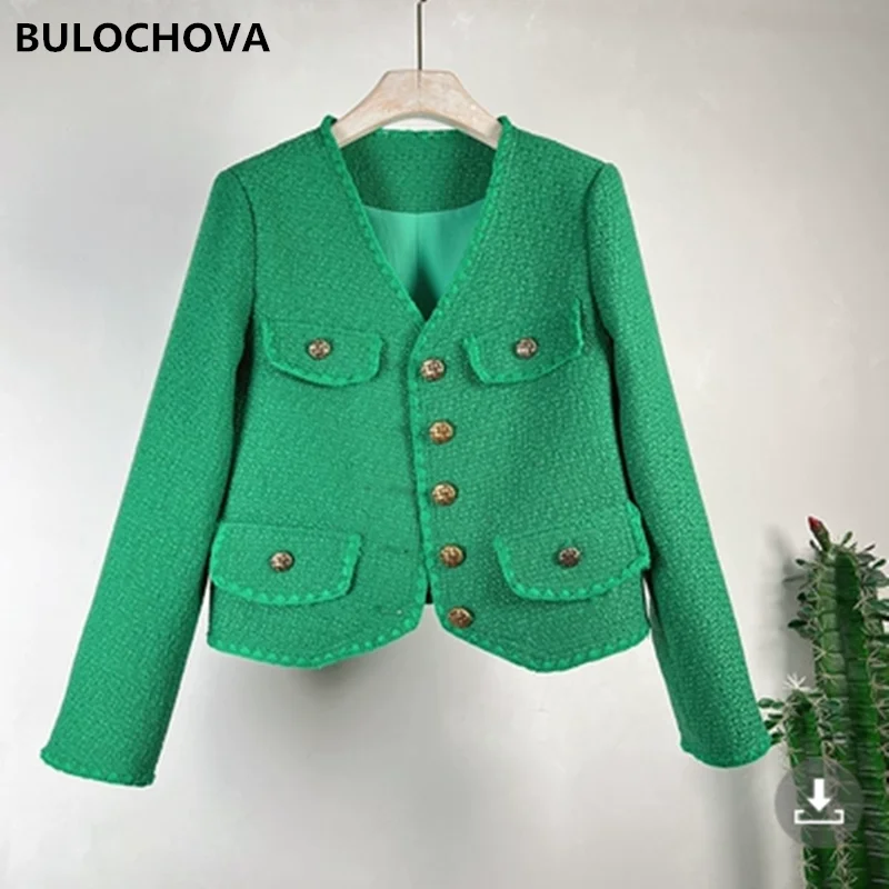 BULOCHOVA New Spring Runway Designer Green Tweed Wool Short Jacket Coat Women V Neck Buttons Pockets Outerwear Tops Female
BULOCHOVA New Spring Runway Designer Green Tweed Wool Short Jacket Coat Women V Neck Buttons Pockets Outerwear Tops Female