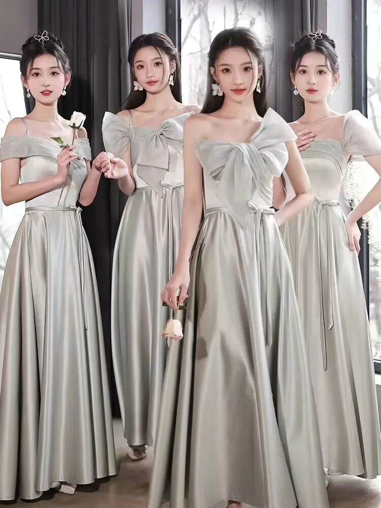 

Gray Bridesmaid Dress New Spring Long Dress Usually Wearable Sisters Group Dress Satin High-Grade Niche