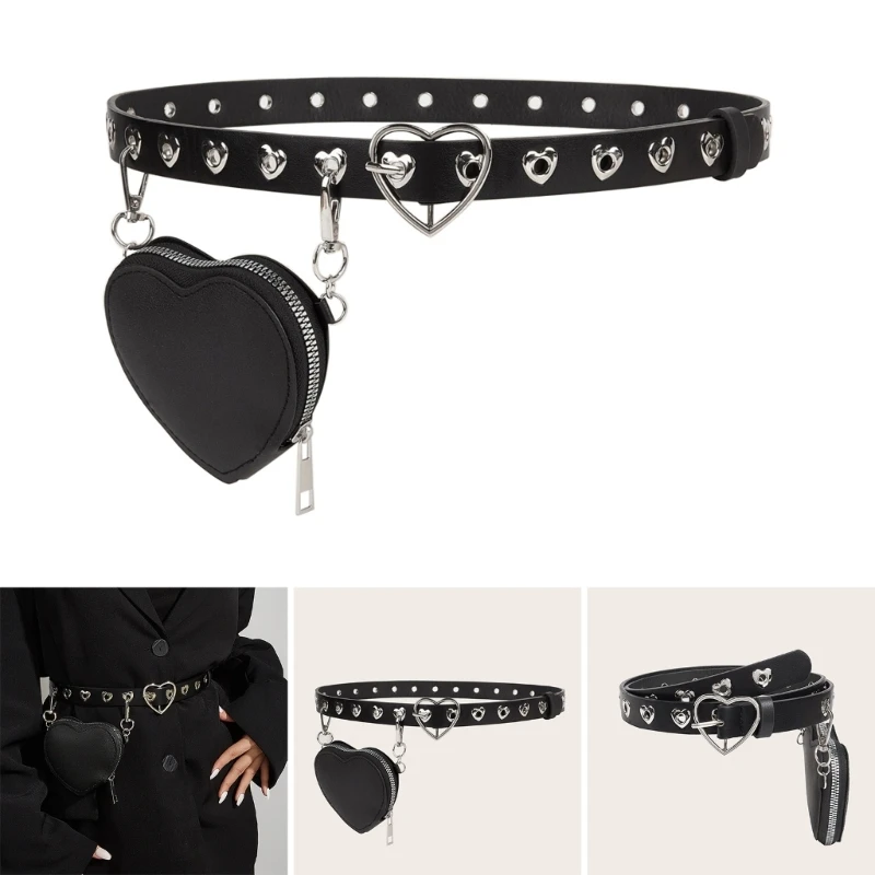 

Women Gothic Love Heart Buckle Waist Belt with Small Coin Purse Y2K Cool Girls Detachable Waist Bag Punk Rivet Studded Waistband