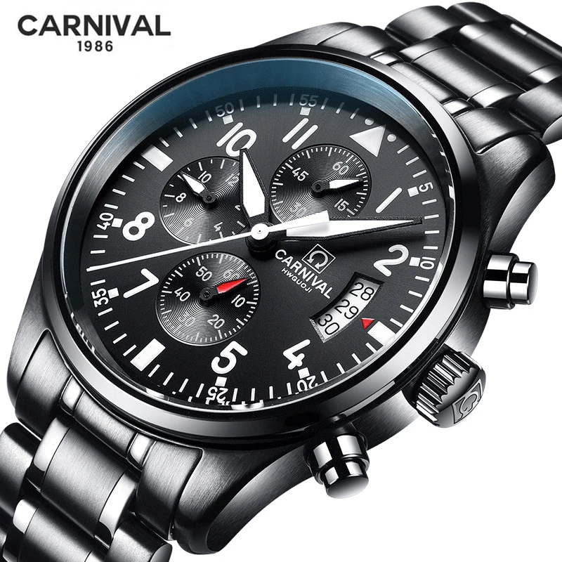 

Carnival Brand Fashion Pilot Quartz Watch for Men Solid Stainless Steel Strap Waterproof Sports Calendar Chronograph Wristwatch