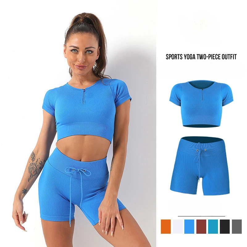 

Tight T Shirt Shorts Yoga Sets Women's Short Sleeve Sports Fitness Gym Suit 2 Piece Sets Ribbed Outfits Tracksuit Workout Set