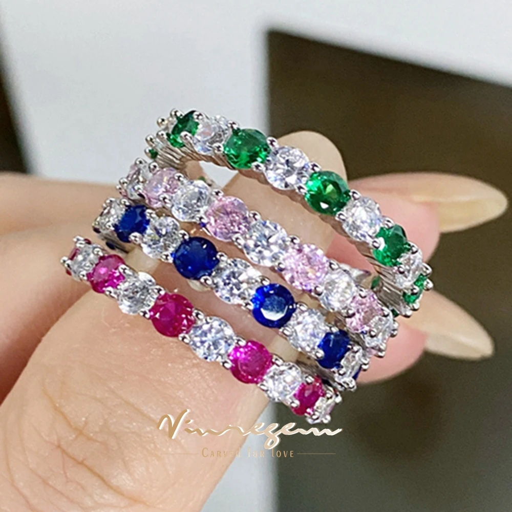 

Vinregem Round Cut Lab Ruby Emerald High Carbon Diamond Gemstone Elegant Ring For Women 925 Sterling Silver Wedding Band Jewelry