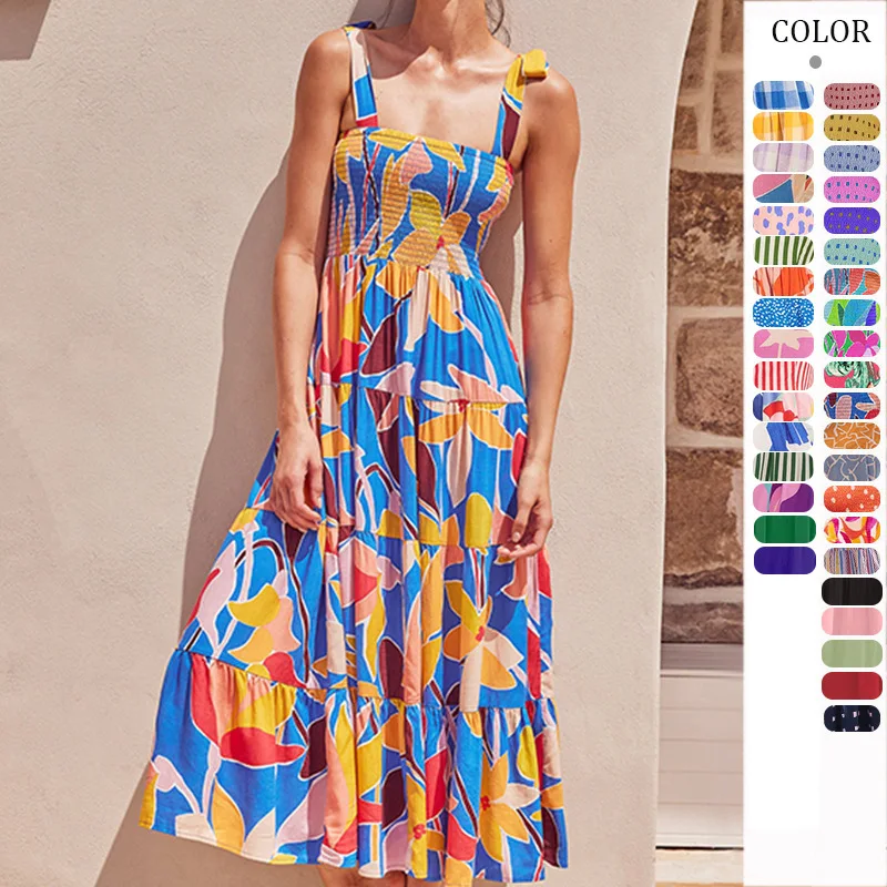 

Boho Bow Straps Dress 2024 Summer Youthful Woman Clothes Floral Sleeveless A Line Flowy Casual Beach Dresses Print Long Sundress